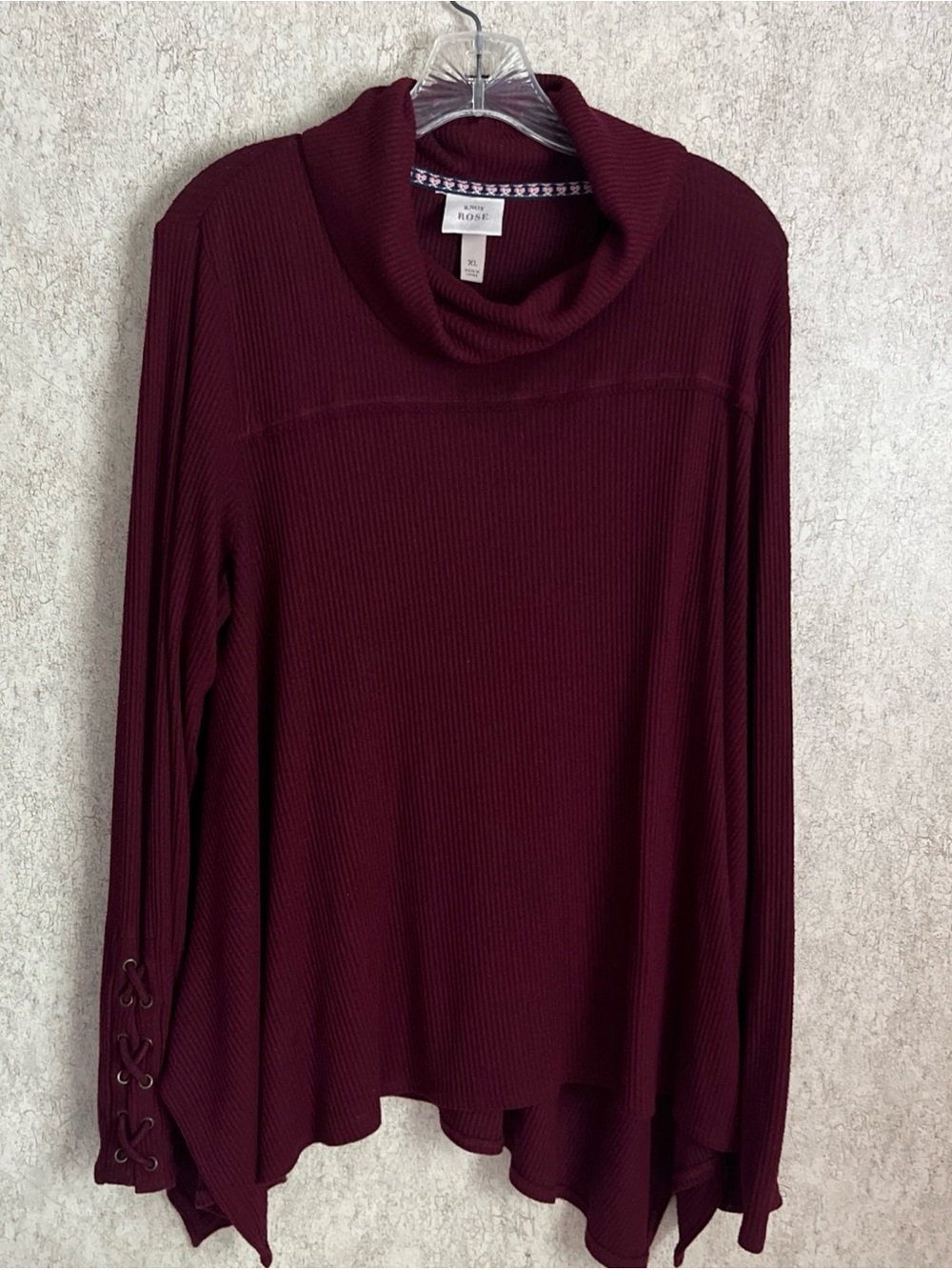Knox Rose Ribbed Tunic Burgundy Cowl Neck Lace Up Detail Sleeve Cuff Womens XL
